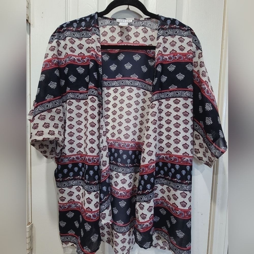 Large Americana Print Boho Kimono Coverup Sheer Beachy